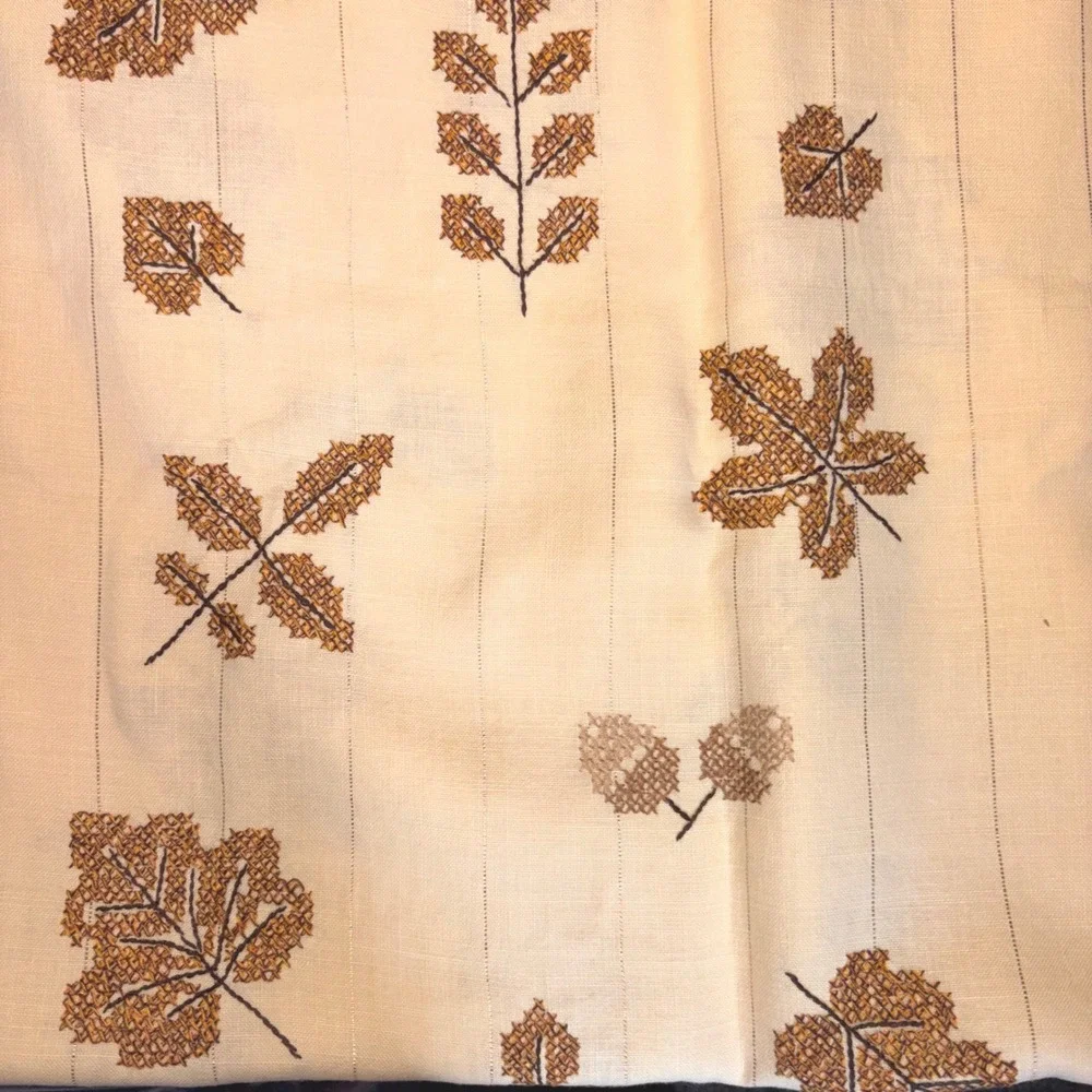 Vintage Embroidered Fall Leaf Table Cloth 60x75 Cream Gold Pinstripe Harvest